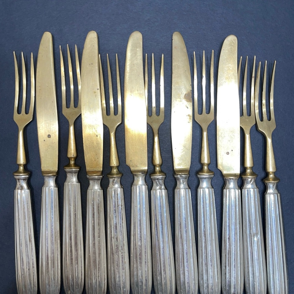 Antique Vulcain forks and knives silver and brass 7 forks and 5 knives